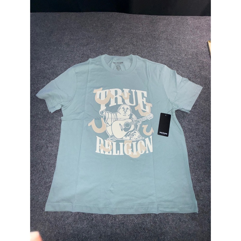 True Religion Mens Buddha Guitar Graphic T-Shirt Aqua Blue Large NWT A108949
